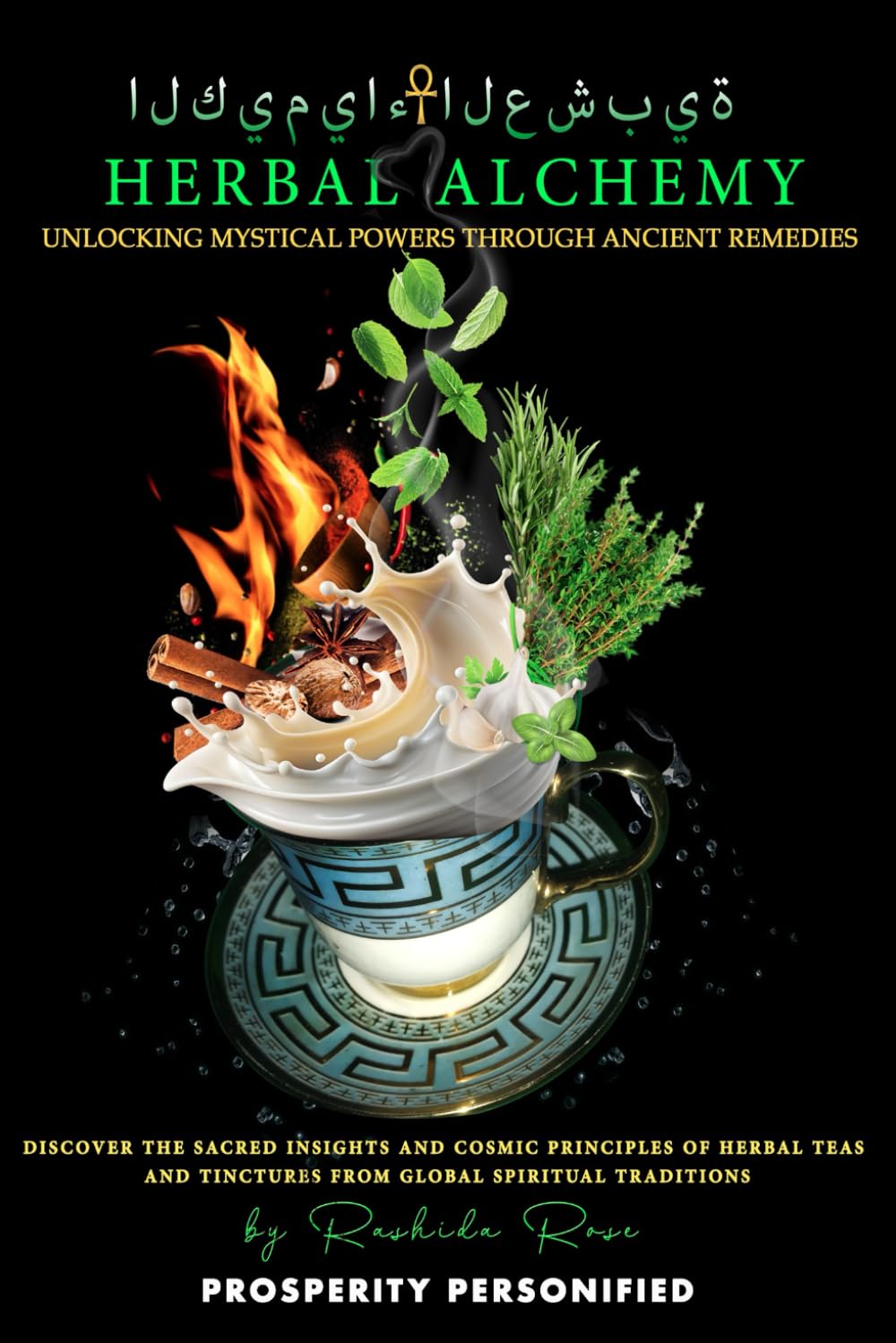 Herbal Alchemy book cover by Rashida Rose with herbs, flame and ceremonial cup