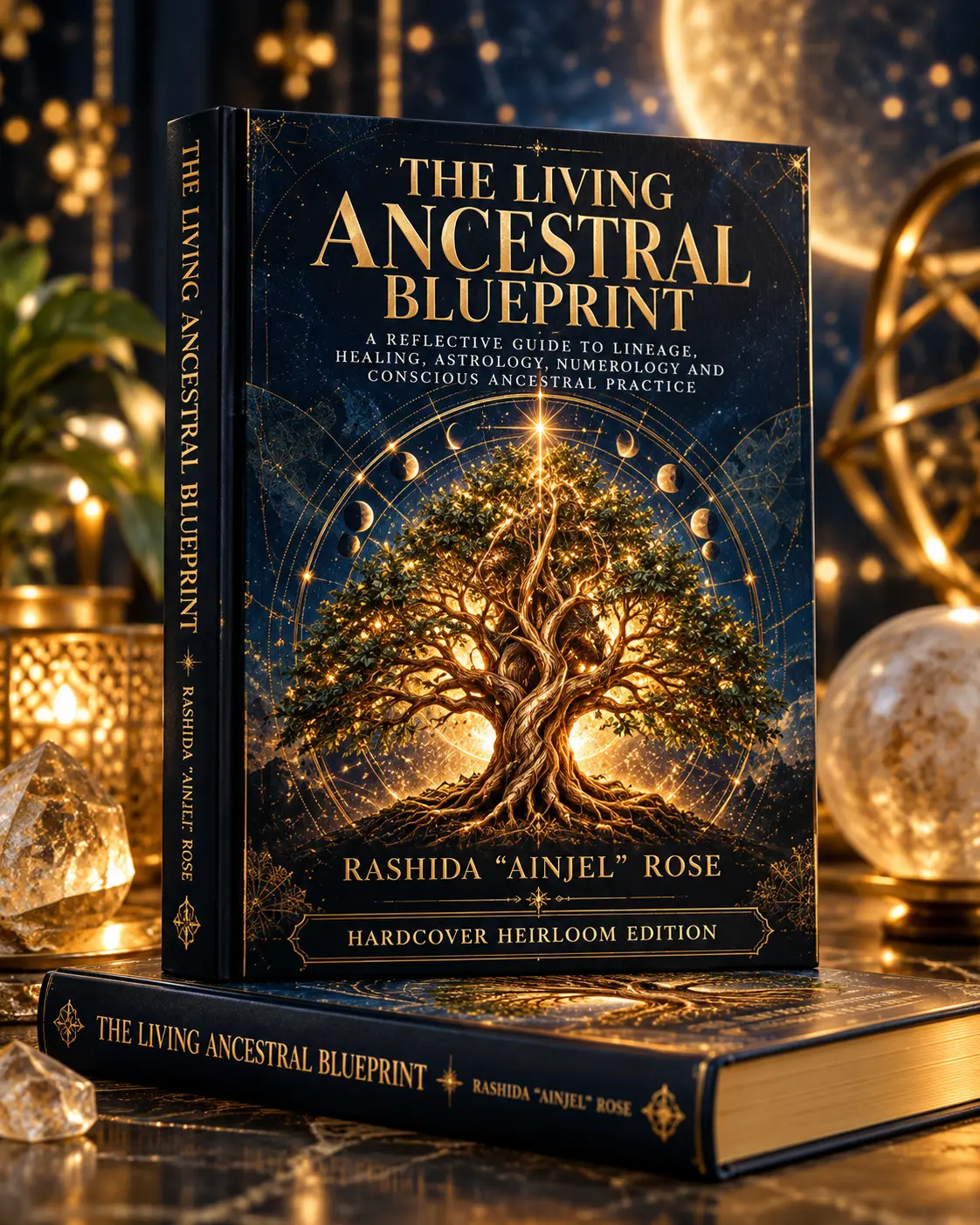 The Living Ancestral Blueprint Royal Ancestral Heirloom Hardcover Edition displayed in a celestial gold setting