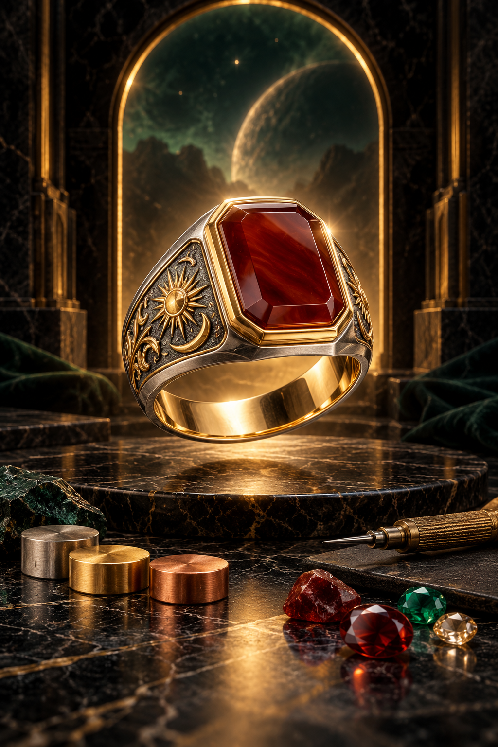 A custom red carnelian signet ring floating inside a golden jewellery design portal with metal and gemstone choices